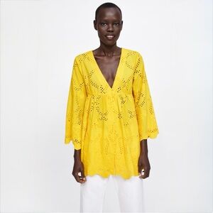 Zara Yellow Eyelet Embroidered Babydoll Tunic Dress Boho Cotton Size M
